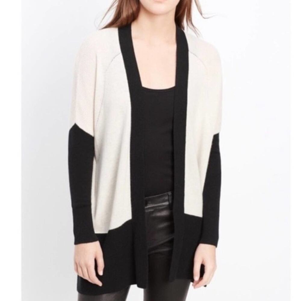 Vince black cream colorblock cashmere open cardigan sweater